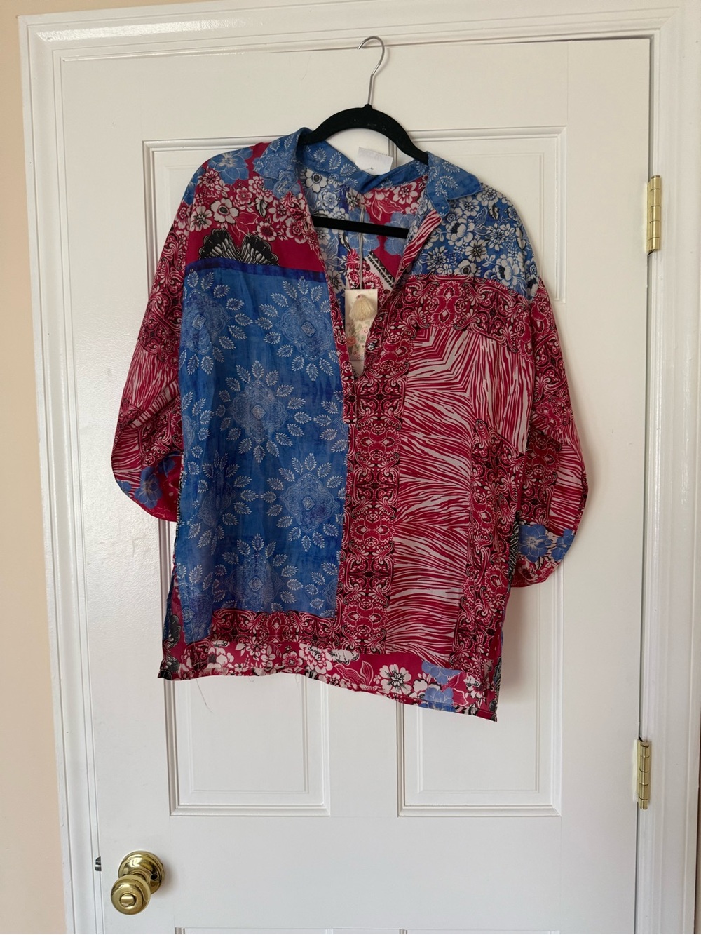Johnny Was Red & Blue Mixed Print Button-Up silk